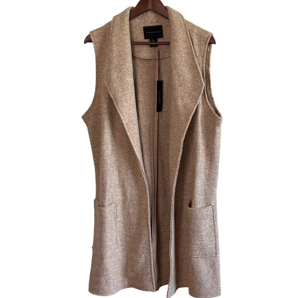 NEW Tahari Womens XL Wool Blend Open Front Longline Vest Tan Beige Shawl Collar
